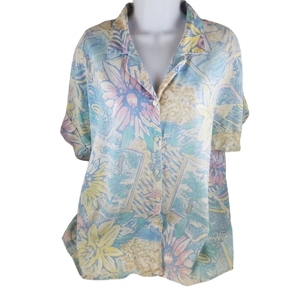 Vintage Womens Giovelli Pastel Blue Yellow Pink Button Front Floral Shirt M